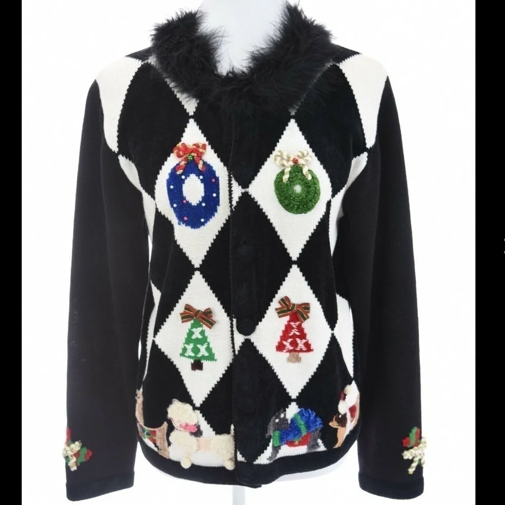 Vintage Berek Boa feather Poodle Jingle Bells on Wreaths Sweater Size L. - Picture 1 of 17